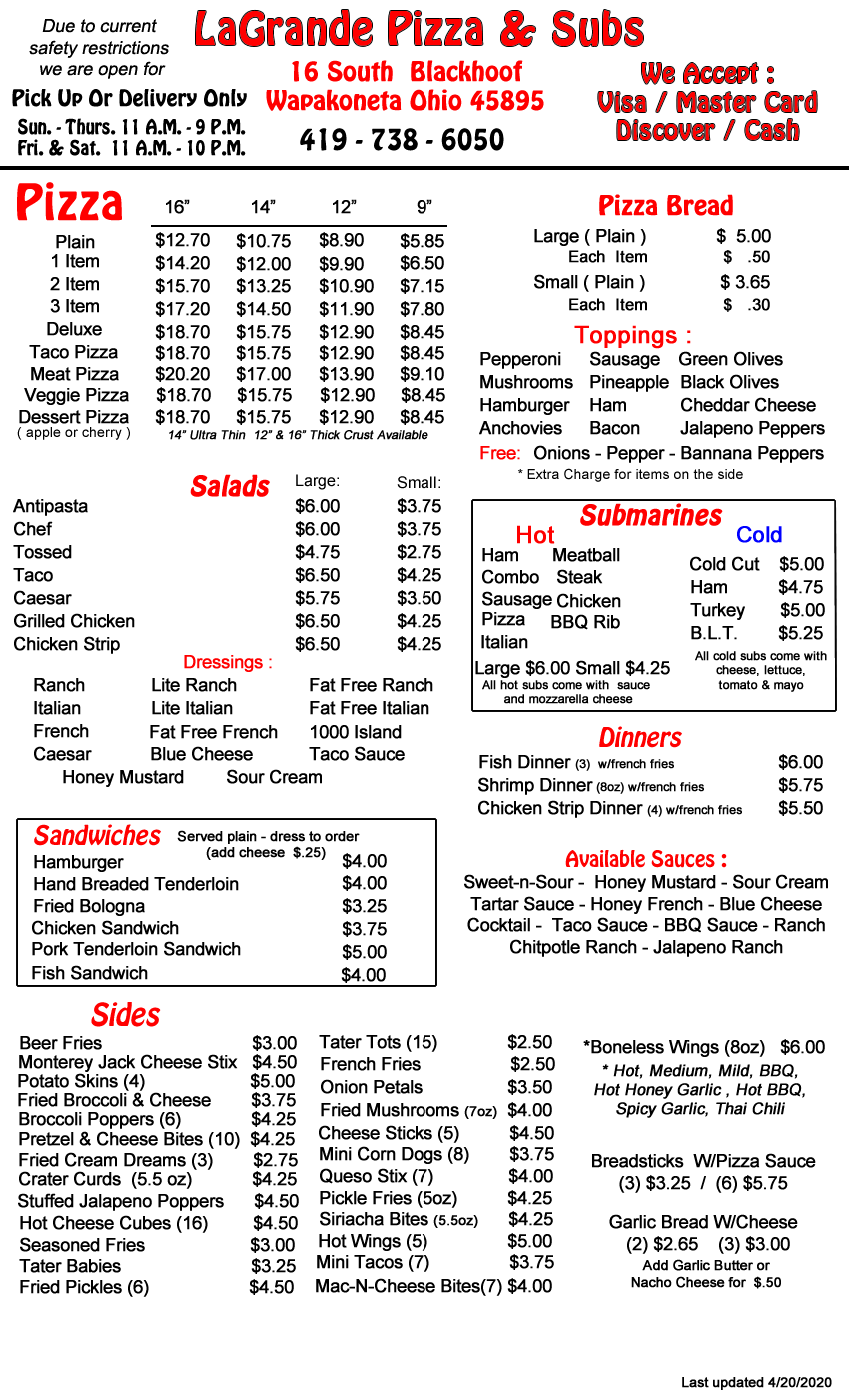 Menu LaGrande Pizza & Subs
