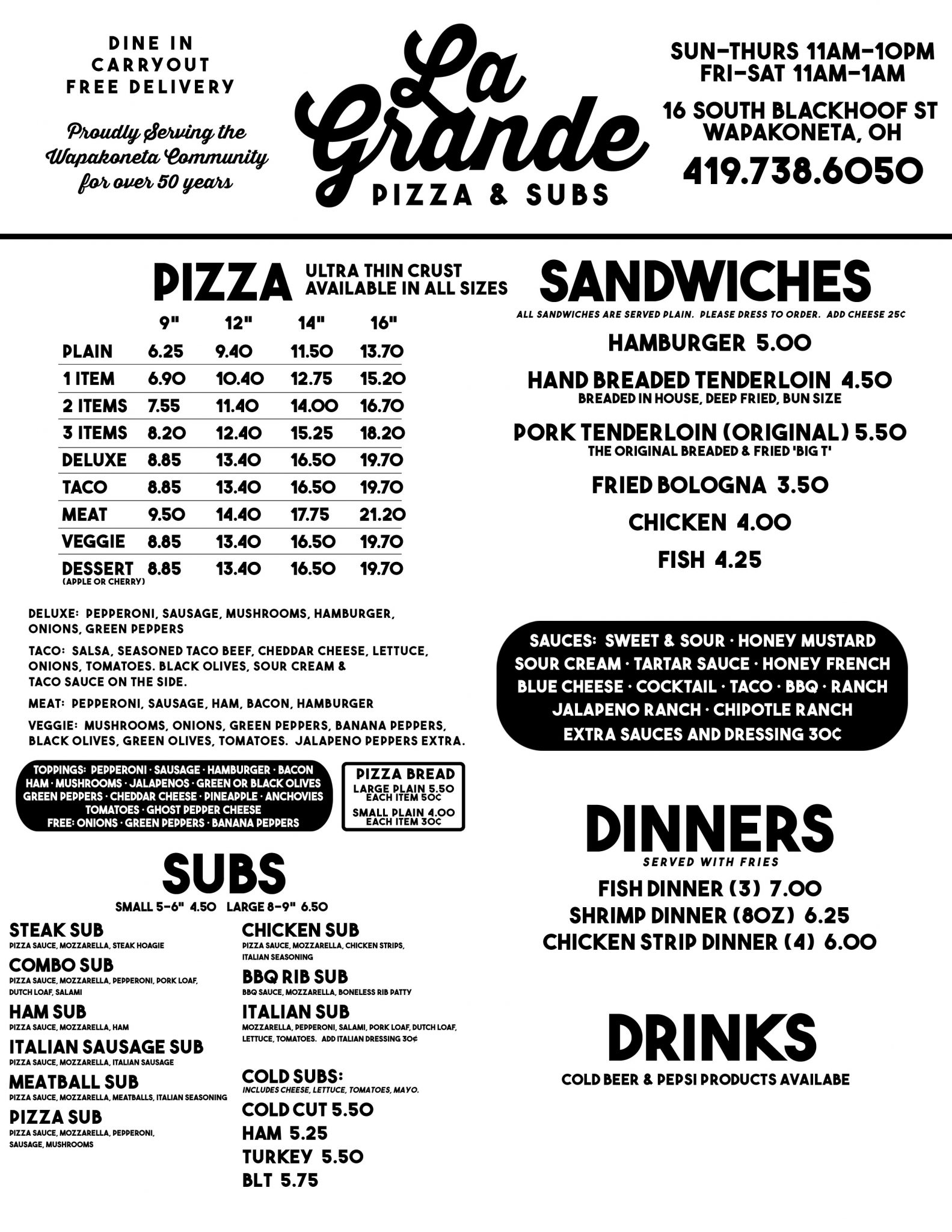 Menu LaGrande Pizza & Subs